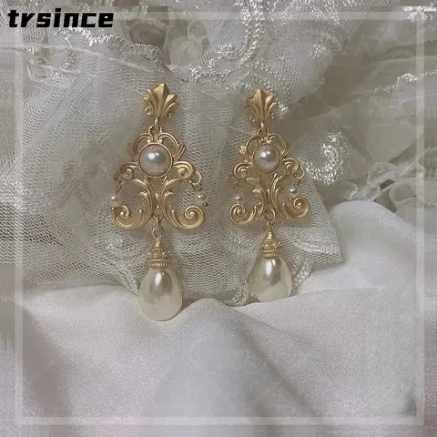 Trsince Vintage Palace Golden Color Pearl Earrings for Women Wedding Baroque Bohemia Frosted Earring Female Elegant Jewelry Gift