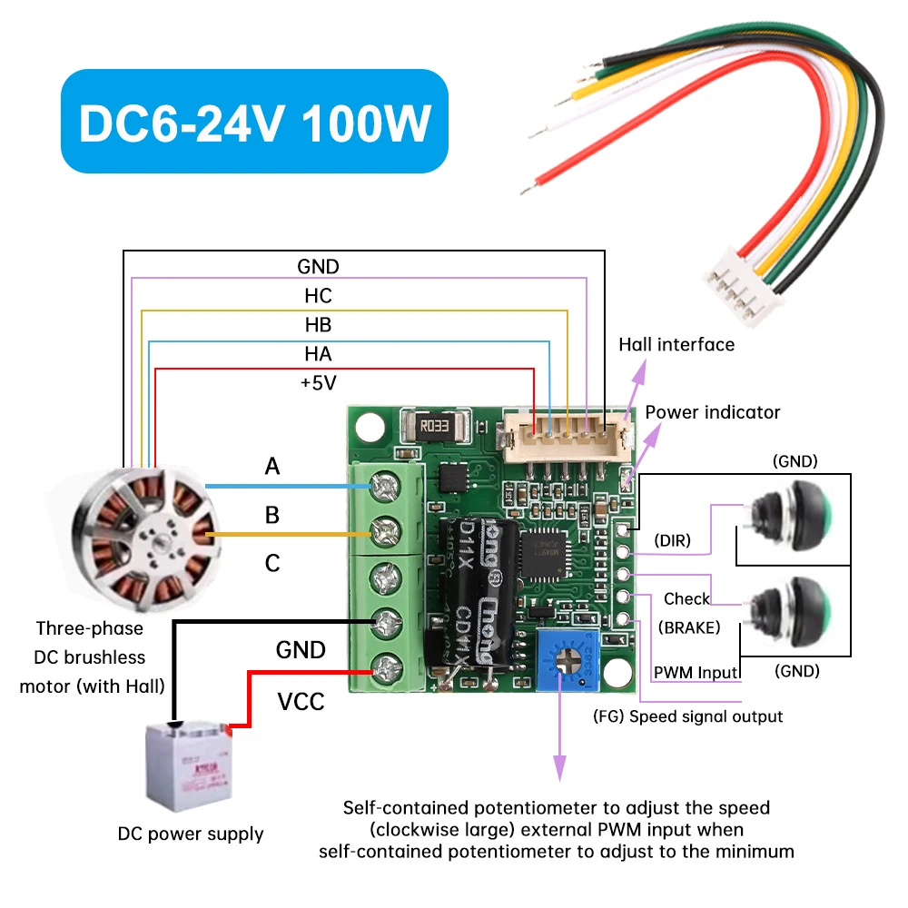 100W DC6-24V BLDC Three-phase DC Brushless With Hall Inductive Motor Drive Motor Speed Controller 6V 12V 24V For Water Pump Fan
100W DC6-24V BLDC Three-phase DC Brushless With Hall Inductive Motor Drive Motor Speed Controller 6V 12V 24V For Water Pump Fan
