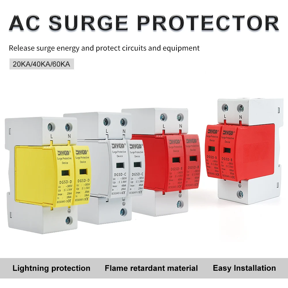 Din Rail Surge Protector 2P AC SPD Protective Low-voltage Arrester Device 10-20KA 20-40KA 30-60KA Home Lightning Protection 1P+N
Din Rail Surge Protector 2P AC SPD Protective Low-voltage Arrester Device 10-20KA 20-40KA 30-60KA Home Lightning Protection 1P+N