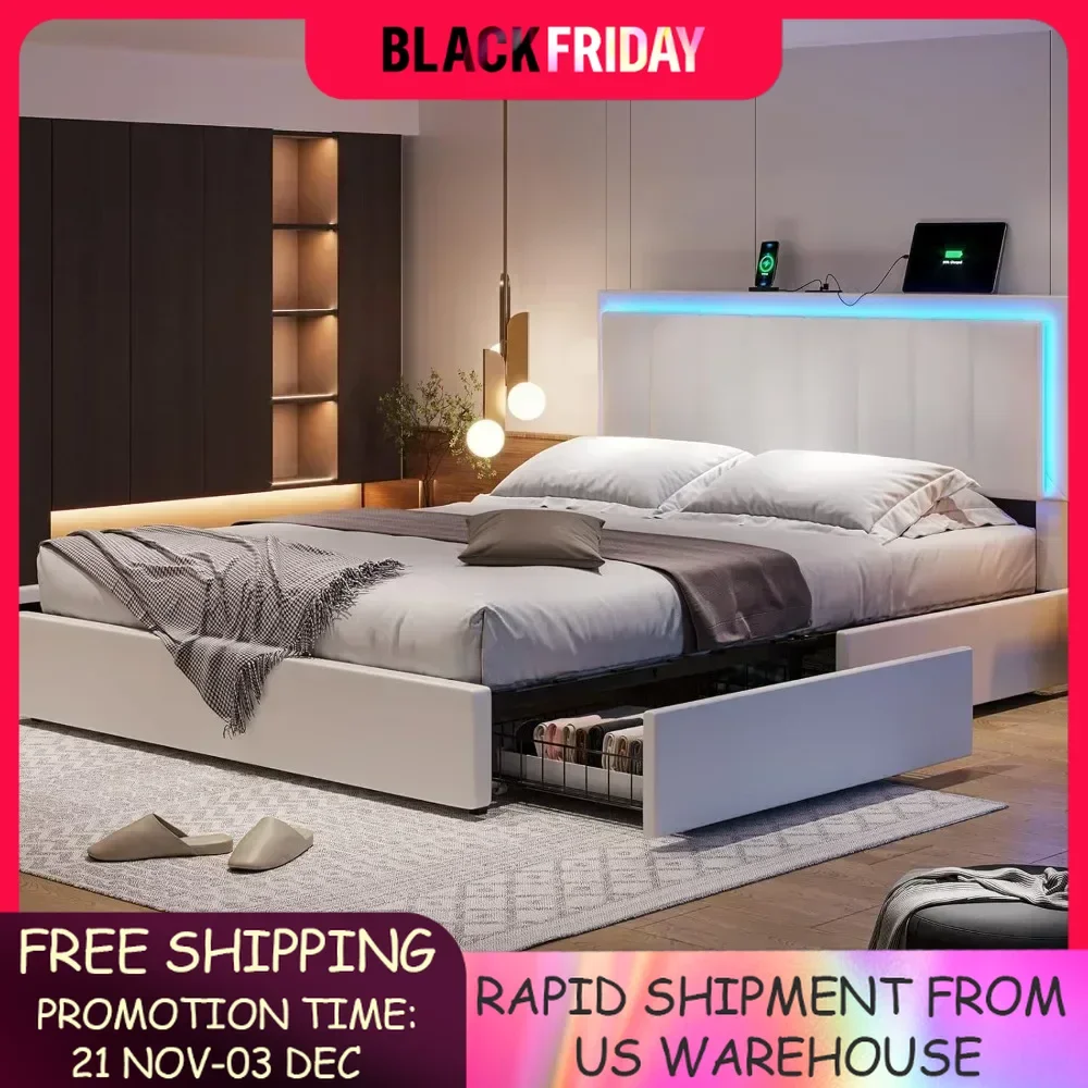 Bed Frame with 4 Storage Drawers, LED Light Queen Size Platform Bed with Charging Station, with Adjustable Headboard
Bed Frame with 4 Storage Drawers, LED Light Queen Size Platform Bed with Charging Station, with Adjustable Headboard