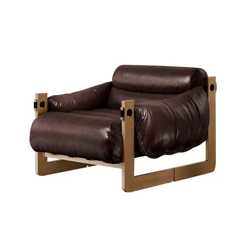 Nordic single sofa chair antique solid wood retro designer home leisure bedroom leather Jersey 
Nordic single sofa chair antique solid wood retro designer home leisure bedroom leather Jersey