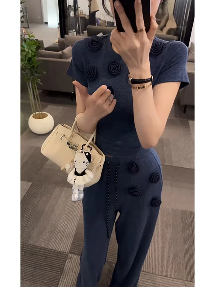 High Waist Wide Leg Pants Set Women's Short Sleeve 3D Flower Design Trendy Slimming Casual Fashion Spring Summer Outfit
High Waist Wide Leg Pants Set Women's Short Sleeve 3D Flower Design Trendy Slimming Casual Fashion Spring Summer Outfit
