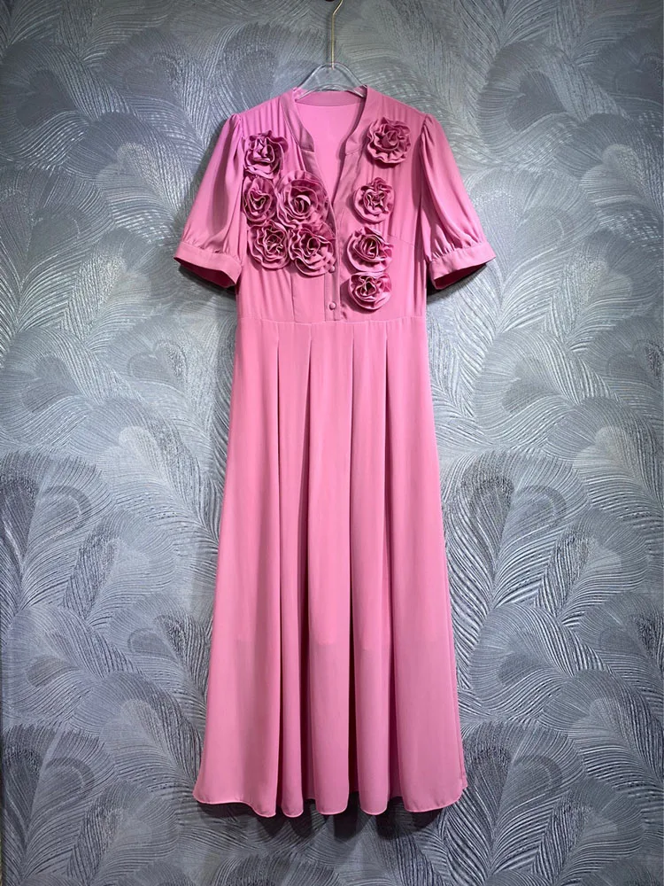 Women's Pleated Flower Dress, Runway Dress, V Neck, Short Sleeve, Appliques, High Street, Fashionable, Summer
Women's Pleated Flower Dress, Runway Dress, V Neck, Short Sleeve, Appliques, High Street, Fashionable, Summer