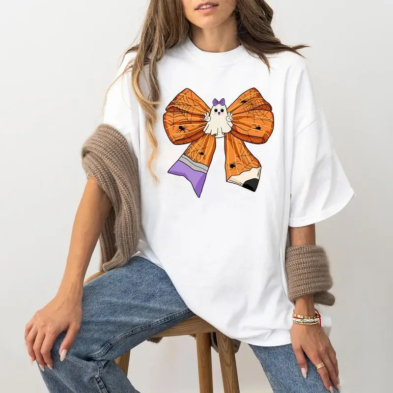 Cute Halloween Bow Ghost T-shirt, Spooky Back to School Teacher Top, Funny Pumpkin Graphic Tee, Women's Oversized Fall Tshirt
Cute Halloween Bow Ghost T-shirt, Spooky Back to School Teacher Top, Funny Pumpkin Graphic Tee, Women's Oversized Fall Tshirt