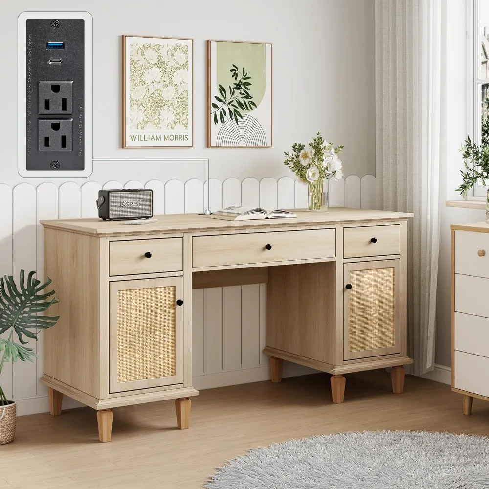 58" Modern Executive Desk with Natural Rattan Door, Boho Writing Desk with 3 Drawers & 2 Cabinet for Study, Work, Computer, Nat
58" Modern Executive Desk with Natural Rattan Door, Boho Writing Desk with 3 Drawers & 2 Cabinet for Study, Work, Computer, Nat