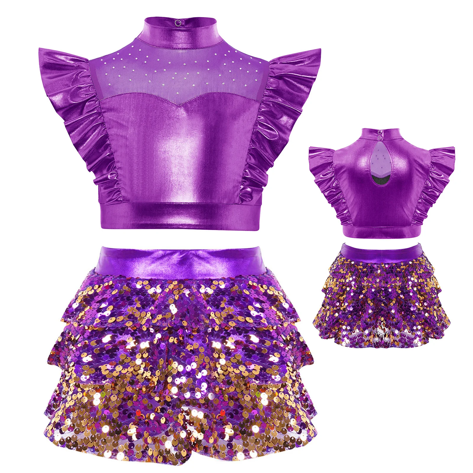 Girls Jazz Dance Outfit Shiny Sequins Tiered Ruffled Rhinestone Mesh Patchwork Sleeveless Metallic Ruffle Crop Top Culottes
Girls Jazz Dance Outfit Shiny Sequins Tiered Ruffled Rhinestone Mesh Patchwork Sleeveless Metallic Ruffle Crop Top Culottes