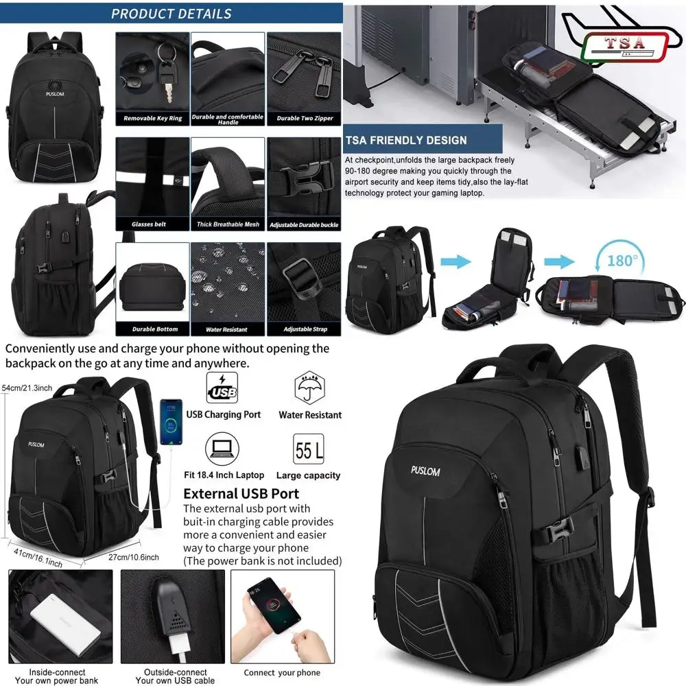 Men's 55L Large Travel Backpack with USB Port, TSA-Approved, Laptop Compartment, Heavy Duty, Black
Men's 55L Large Travel Backpack with USB Port, TSA-Approved, Laptop Compartment, Heavy Duty, Black