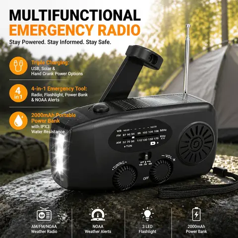 Emergency Radio Hand Crank Solar Powered NOAA Weather Radio With 2000mAh Portable Power Bank 4-In-1 Survival Gear LED Flashlight IPX3 Waterproof AM FM Receiver For Outdoor Camping Hurricane Preparedness Home Emergency Kit Travel Backpacking Hiking