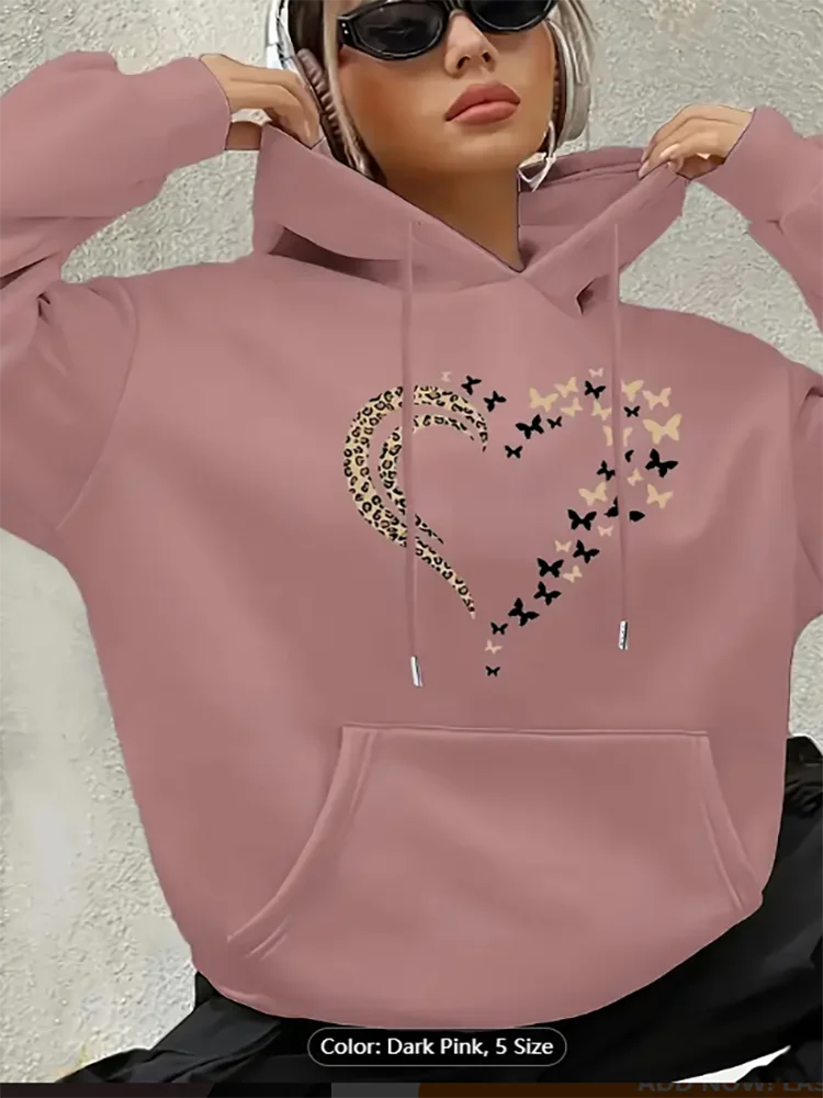 Женская толстовка с леопардовым сердечком и бабочкой, графический принт, повседневная негабаритная толстовка с капюшоном на шнурке для романтического стиля, чистый хлопок 
Женская толстовка с леопардовым сердечком и бабочкой, графический принт, повседневная негабаритная толстовка с капюшоном на шнурке для романтического стиля, чистый хлопок