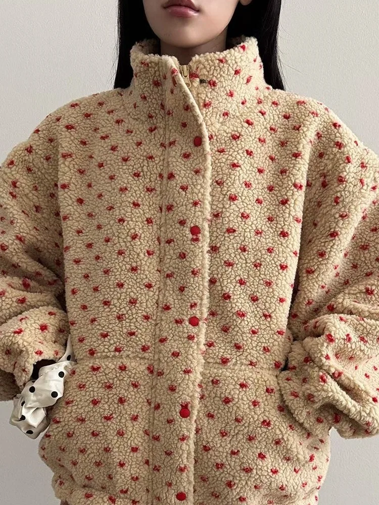 Fashionable Chic Women's Lamb Fur Jacket Heart Dot Design Warm Stylish Cotton Coat Trendy Winter Outerwear
Fashionable Chic Women's Lamb Fur Jacket Heart Dot Design Warm Stylish Cotton Coat Trendy Winter Outerwear