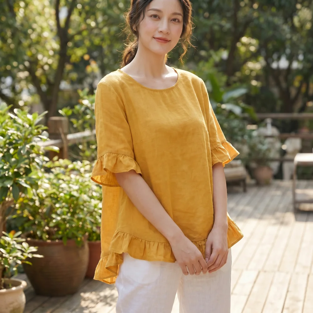 Women Round Neck Top Women’s Round Neck Blouse Short Sleeve Top Loose Fit Pullover with Ruffle Hem Cuffed Sleeves for Wear
Women Round Neck Top Women’s Round Neck Blouse Short Sleeve Top Loose Fit Pullover with Ruffle Hem Cuffed Sleeves for Wear