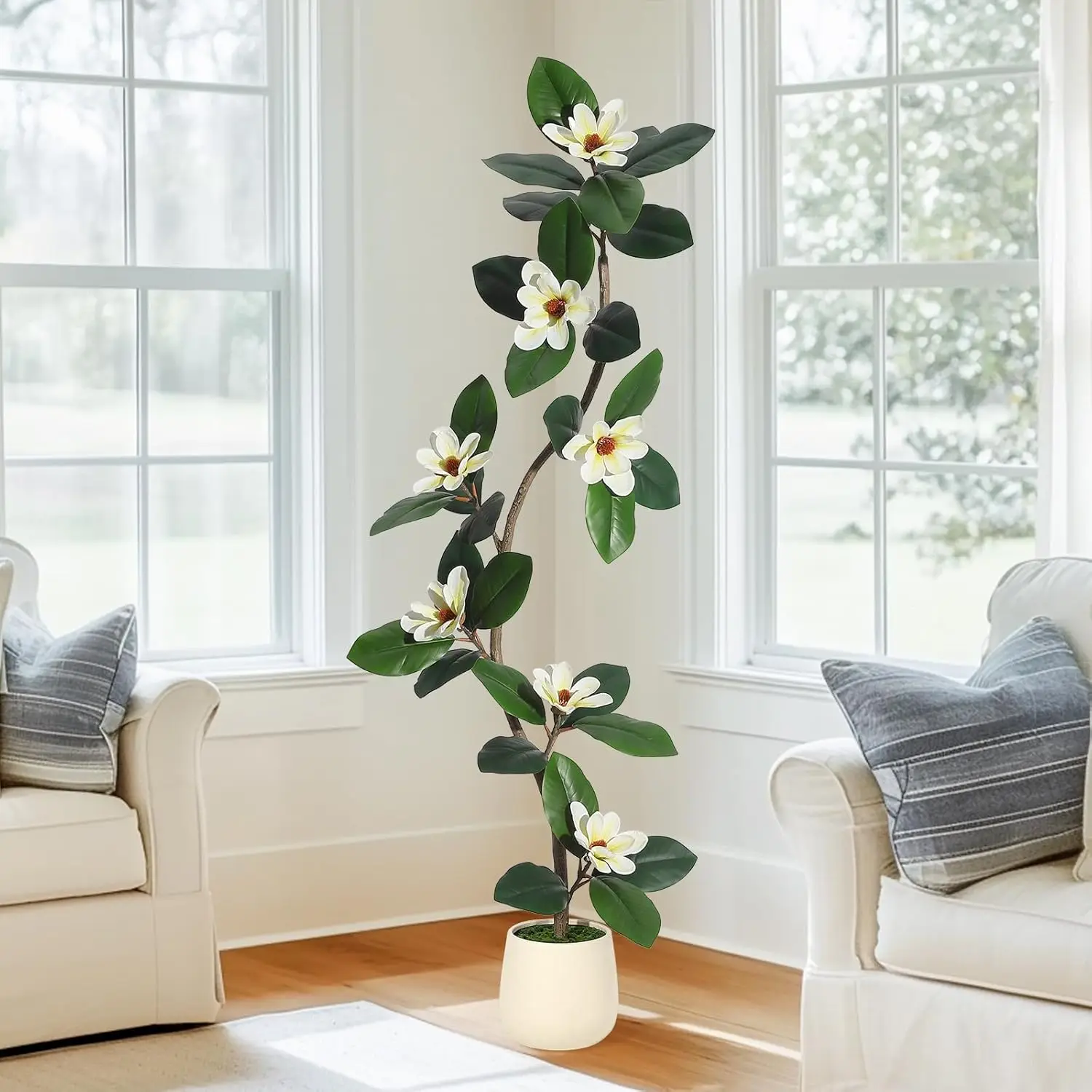 Artificial Rubber Tree in White Planter Pot Faux Indoor Floor Plant with 8 Magnolia Flowers for Home Decor
Artificial Rubber Tree in White Planter Pot Faux Indoor Floor Plant with 8 Magnolia Flowers for Home Decor