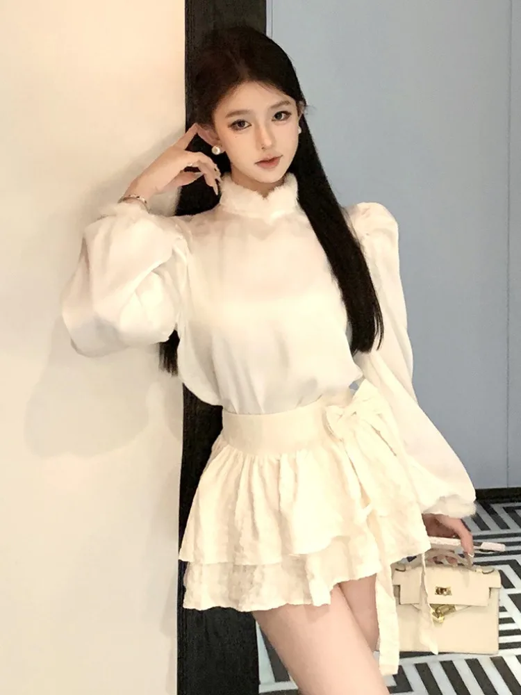 Elegant Two-Piece Set with Puffy Sleeves And Stand Collar for Women Knot Furry Top And Cake Skirt Korean Style Commute
Elegant Two-Piece Set with Puffy Sleeves And Stand Collar for Women Knot Furry Top And Cake Skirt Korean Style Commute