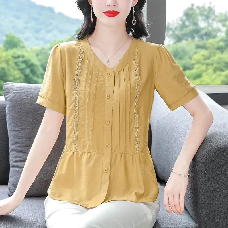 Women's V-neck Pleated Cotton Linen Blouse Short Sleeve Loose Casual Summer Shirt
Women's V-neck Pleated Cotton Linen Blouse Short Sleeve Loose Casual Summer Shirt