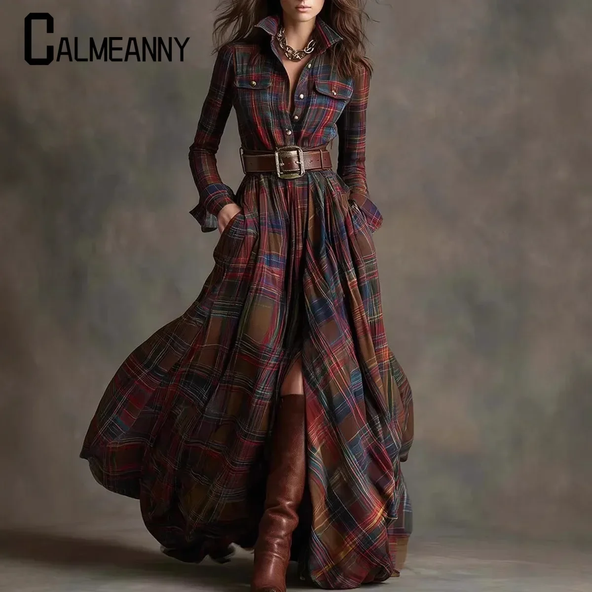 Женская рубашка макси-платья Осеннее повседневное платье в клетку с длинным рукавом и воротником с лацканами и пуговицами с передним карманом Длинное платье в стиле ретро
Женская рубашка макси-платья Осеннее повседневное платье в клетку с длинным рукавом и воротником с лацканами и пуговицами с передним карманом Длинное платье в стиле ретро