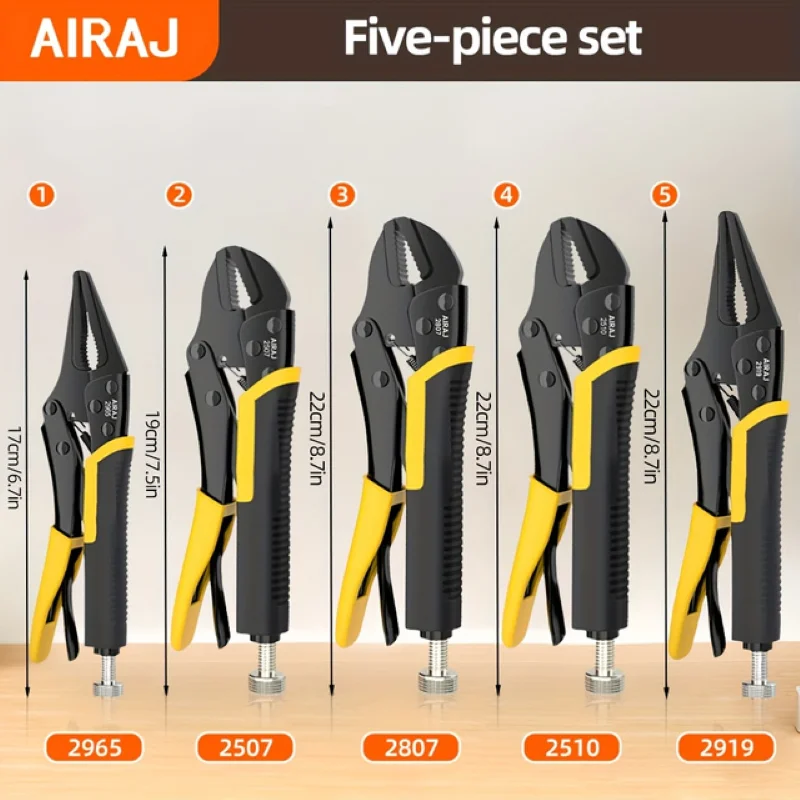 5 pcs AIRAJ Locking Pliers Set Quick Release Curved Mouth Powerful Pliers Versatile Tool For Strong Clamping/Twisting/Metal Bend
5 pcs AIRAJ Locking Pliers Set Quick Release Curved Mouth Powerful Pliers Versatile Tool For Strong Clamping/Twisting/Metal Bend