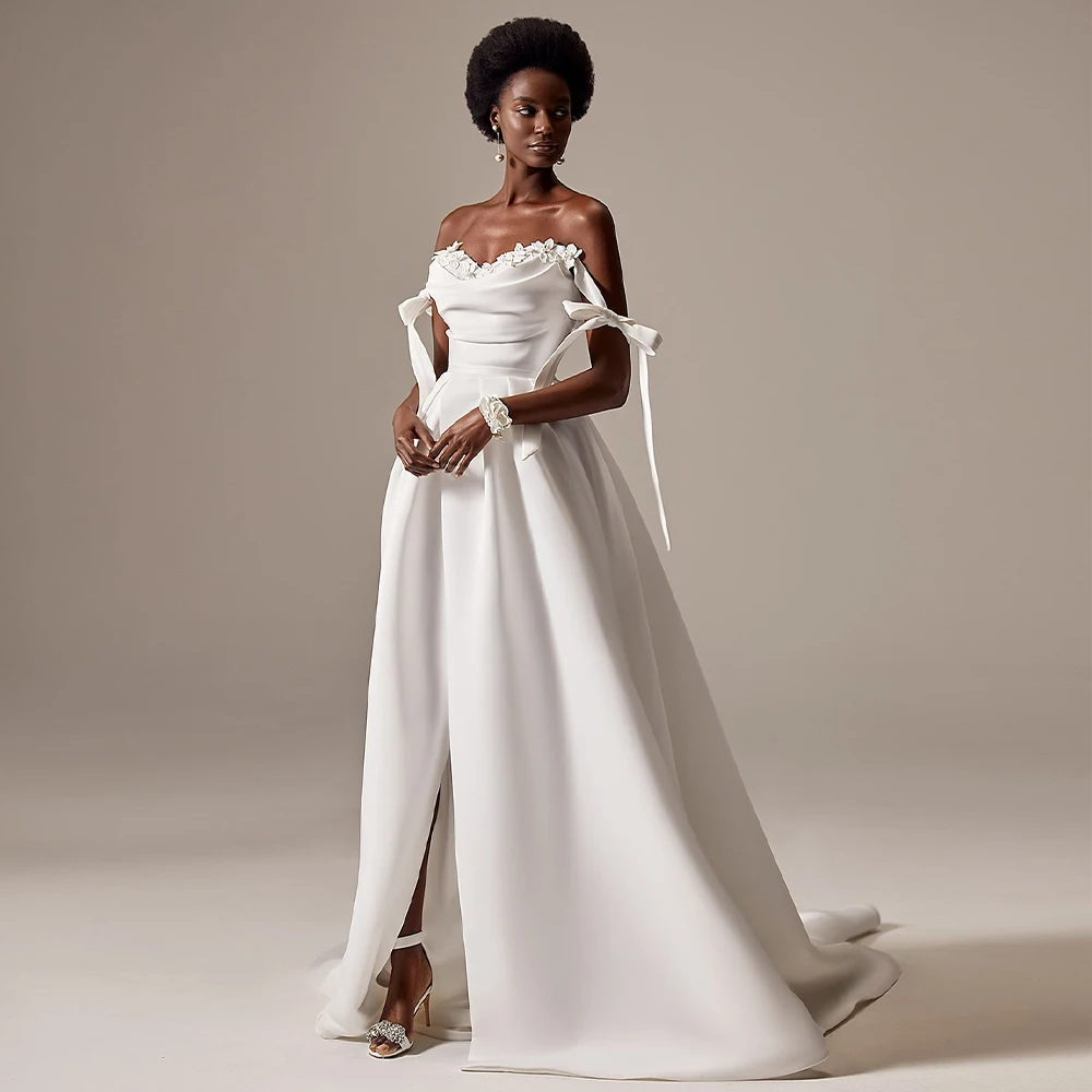 Elegant Wedding Dress Ivory Satin Off the Shoulder 3D Flowers Gowns Long A Line Pleat Criss-Cross Modern Bridal Dresses
Elegant Wedding Dress Ivory Satin Off the Shoulder 3D Flowers Gowns Long A Line Pleat Criss-Cross Modern Bridal Dresses