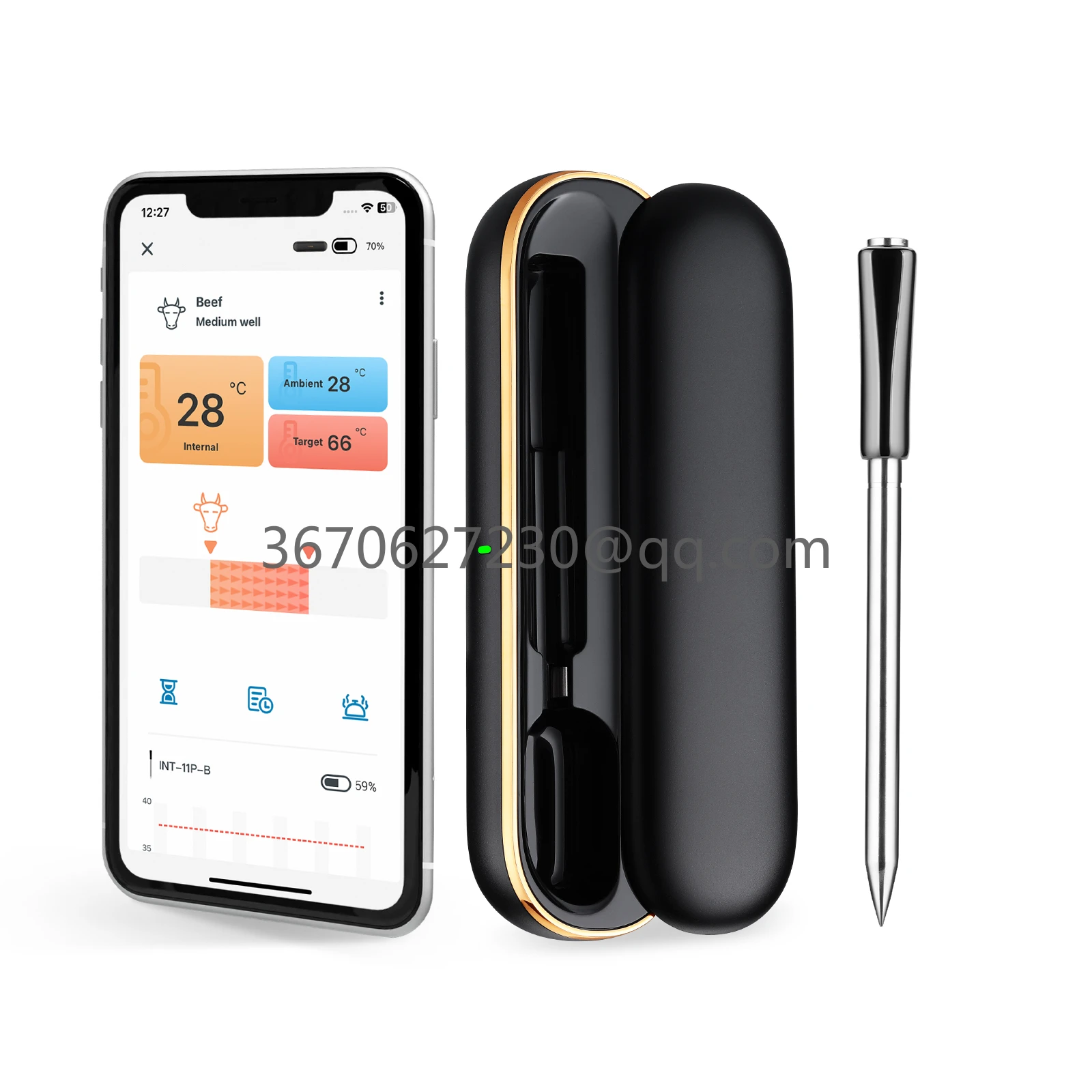 91m Wireless Meat Thermometer 11P-B Blue Tooth Meat Thermometer for Grilling Smoking IP67 Waterproof Meat Probe for BBQ
91m Wireless Meat Thermometer 11P-B Blue Tooth Meat Thermometer for Grilling Smoking IP67 Waterproof Meat Probe for BBQ