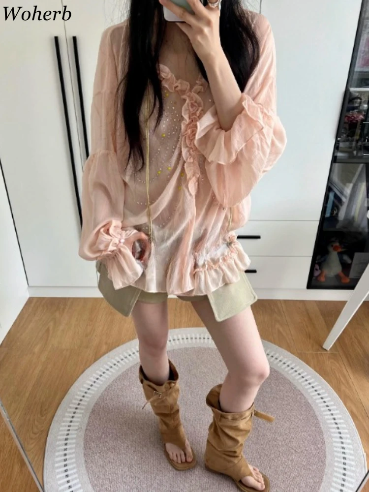 Summer Sun Protection Rhinestone Blouses Women V Neck Ruffled Loose Shirts Flare Sleeve Vintage Sweet Blouse Camisas De Mujer
Summer Sun Protection Rhinestone Blouses Women V Neck Ruffled Loose Shirts Flare Sleeve Vintage Sweet Blouse Camisas De Mujer