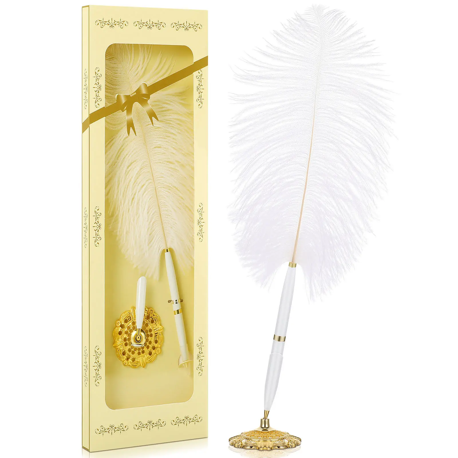 White Quill Pen 360 Rotating Gold Base Guest Book Signing Pen Long Wedding Favors Decoration Accessory
White Quill Pen 360 Rotating Gold Base Guest Book Signing Pen Long Wedding Favors Decoration Accessory