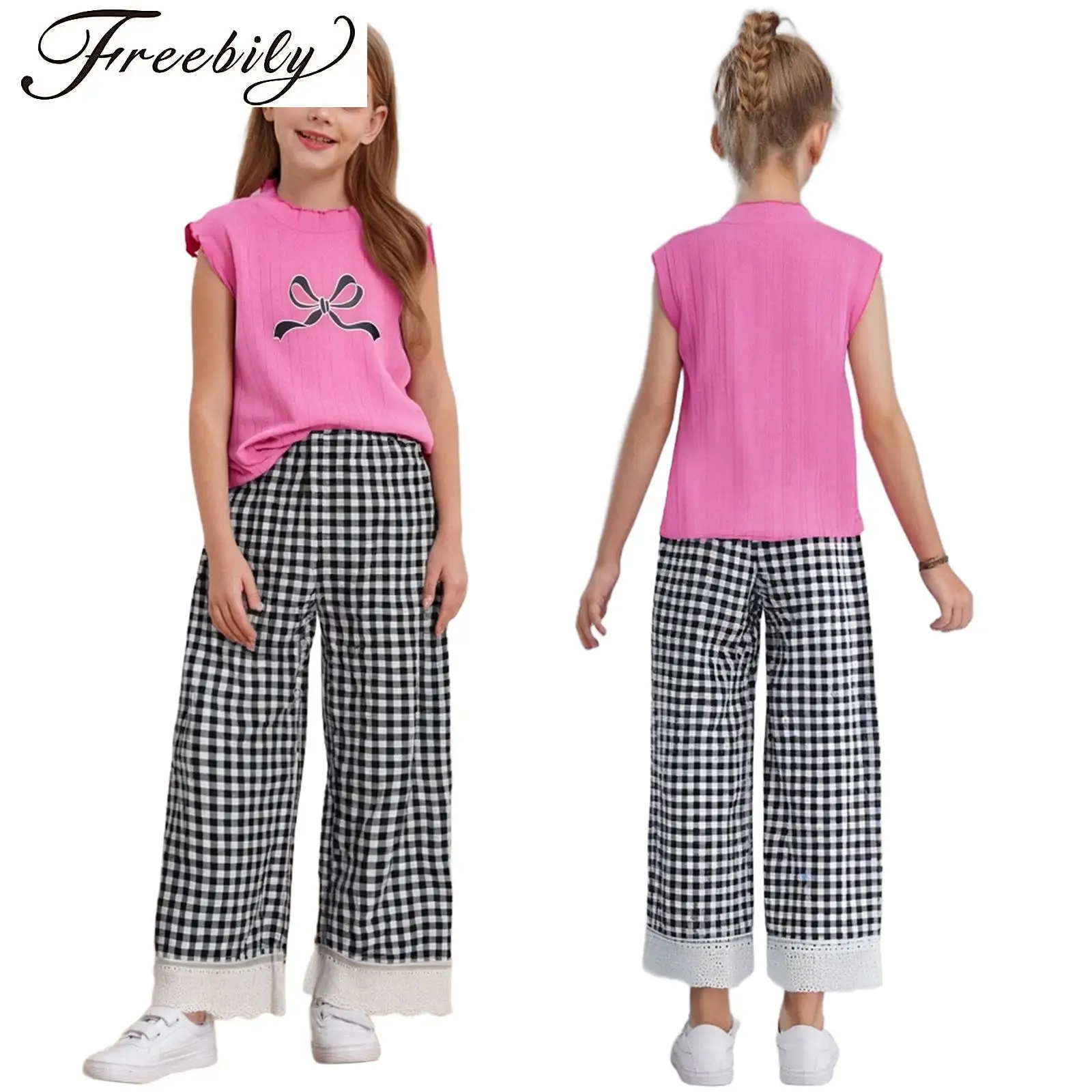 Kids Girls 2 Piece Summer Casual Outfits Plaid Print Bowknot Ruffle Tank Top And Wide Leg Pants Set for Vacation Beach Clothes
Kids Girls 2 Piece Summer Casual Outfits Plaid Print Bowknot Ruffle Tank Top And Wide Leg Pants Set for Vacation Beach Clothes