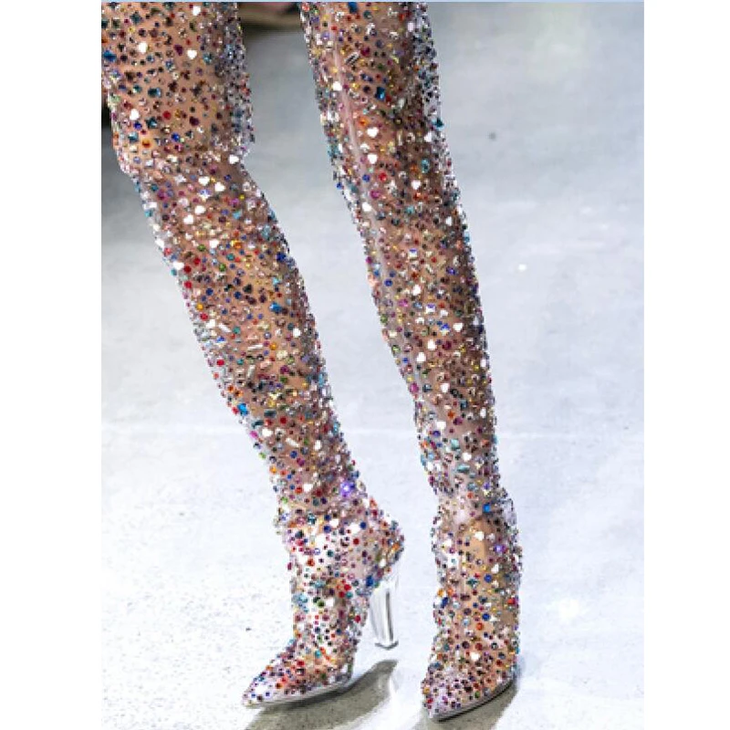 Luxury Clear PVC Colorful Rhinestone Thigh High Boots Transparent Square Crystal High Heels Fashion Catwalk Women Boots
Luxury Clear PVC Colorful Rhinestone Thigh High Boots Transparent Square Crystal High Heels Fashion Catwalk Women Boots