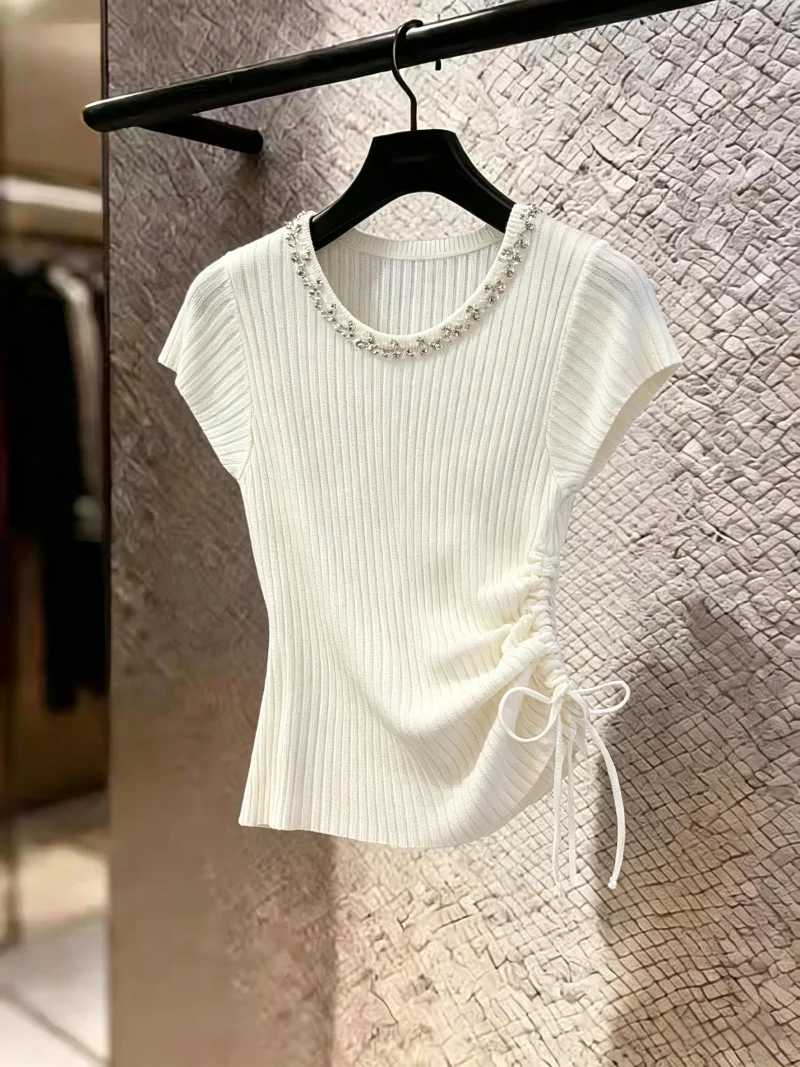 Heavy-Embroidered Diamond Women's Knitwear Side Rope Drawing Summer New Design Sensation Commute Korean Style Slim Fit Top
Heavy-Embroidered Diamond Women's Knitwear Side Rope Drawing Summer New Design Sensation Commute Korean Style Slim Fit Top