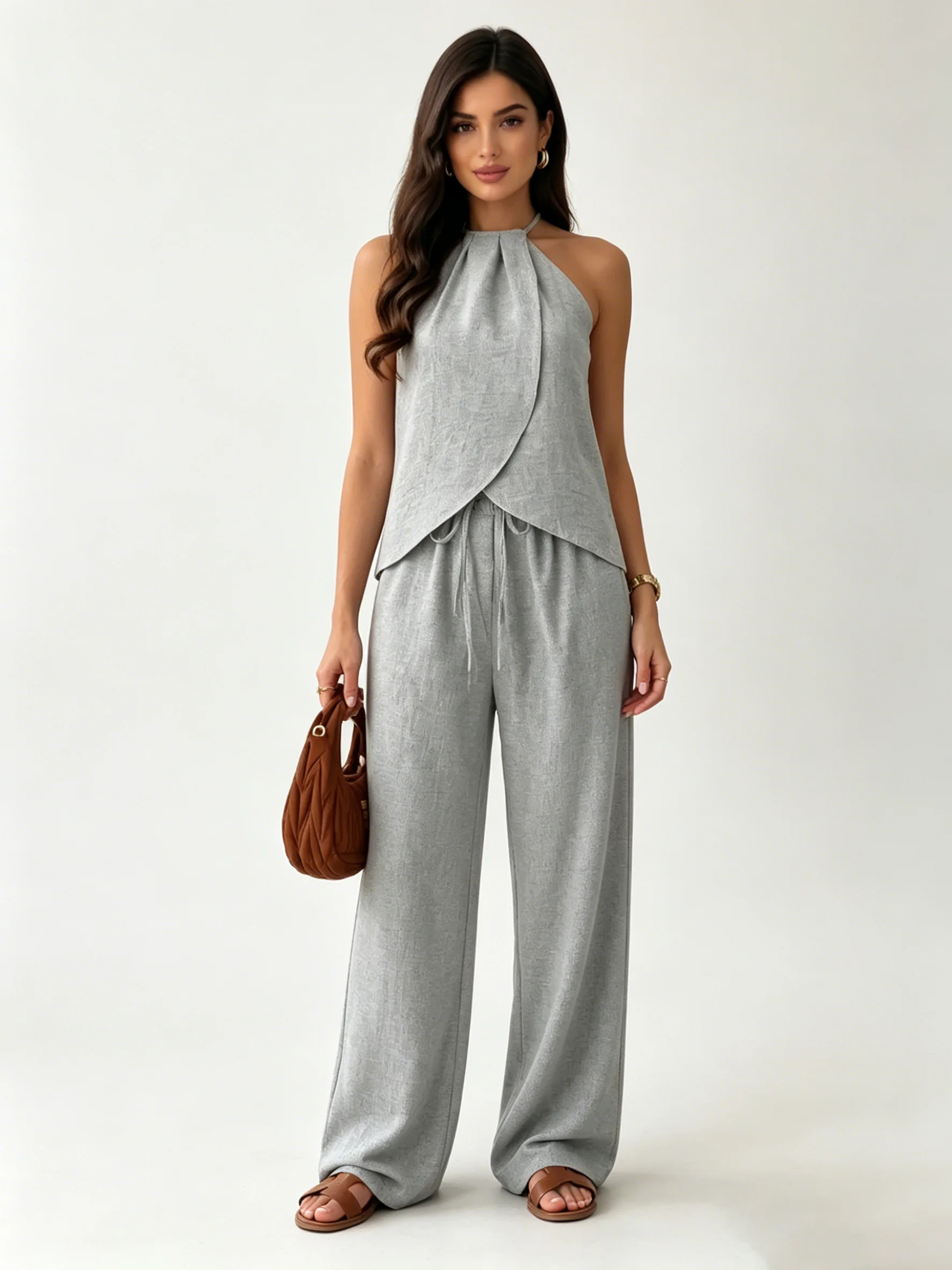 LIMO Grey Halter Wrap Top Wide Leg Pants Two Piece Set Women Drawstring Casual Outfit
LIMO Grey Halter Wrap Top Wide Leg Pants Two Piece Set Women Drawstring Casual Outfit