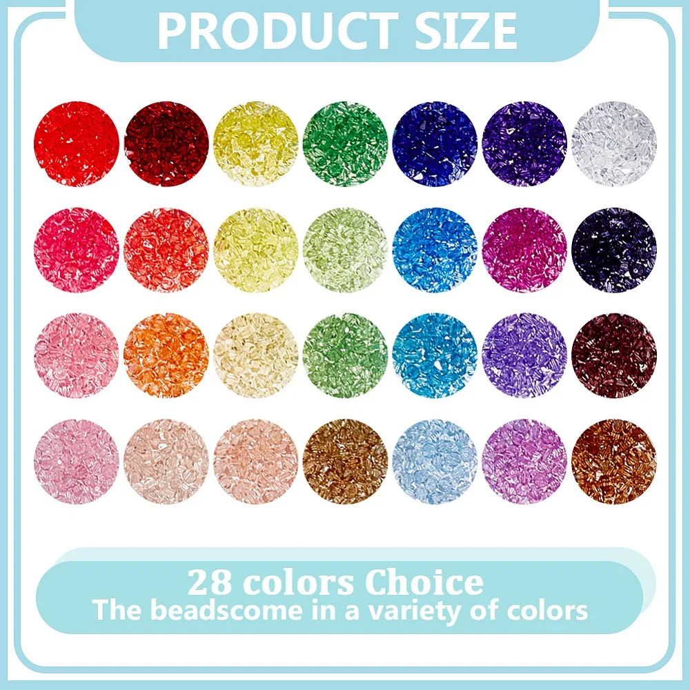 3640Pcs 28 Colors Transparent Acrylic Beads Bicone Faceted Mixed Color 5mm 130pcs/color
3640Pcs 28 Colors Transparent Acrylic Beads Bicone Faceted Mixed Color 5mm 130pcs/color