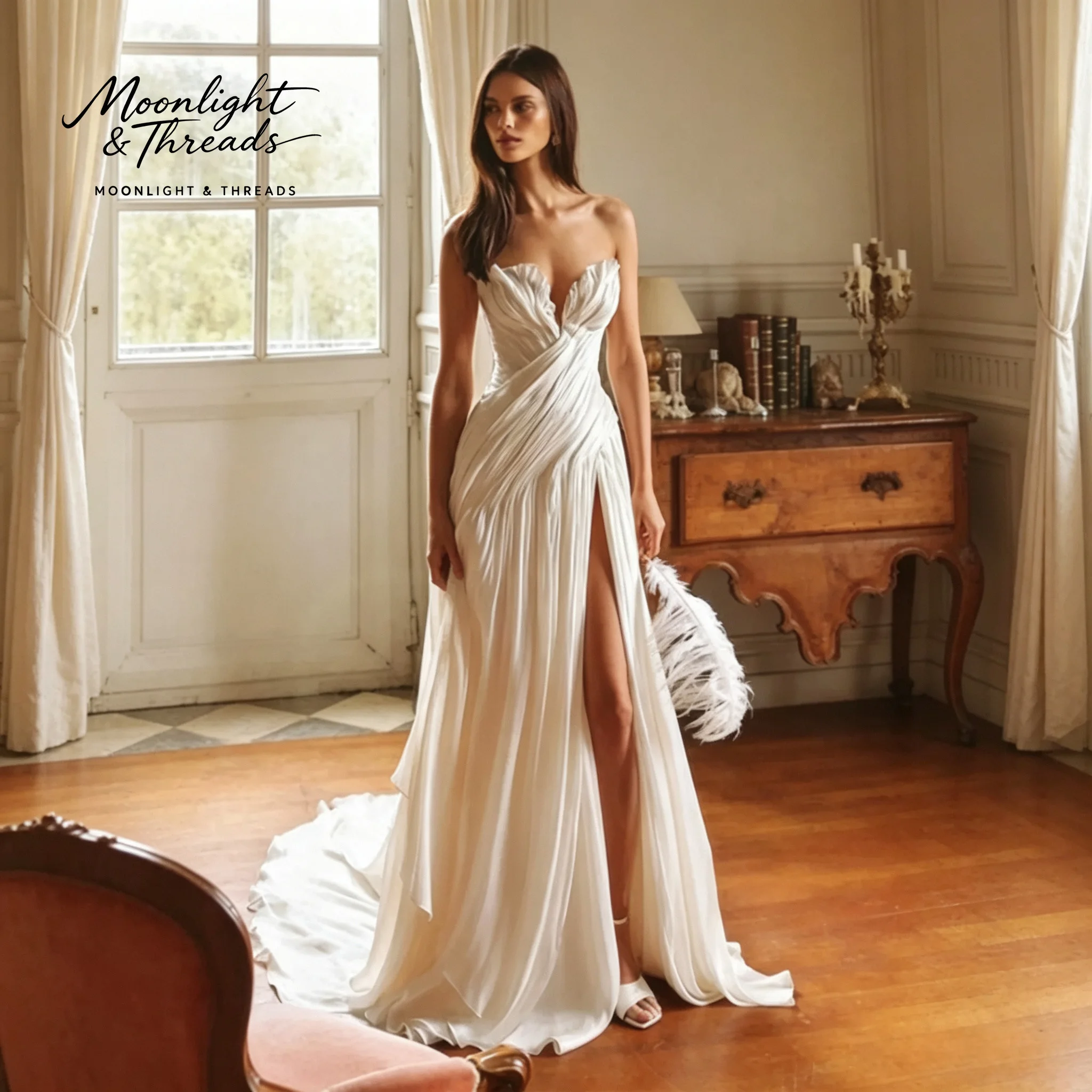 Ivory strapless sleeveless floor-length formal gown with draped slit skirt suitable for weddings
Ivory strapless sleeveless floor-length formal gown with draped slit skirt suitable for weddings