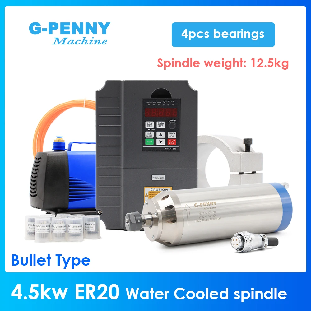 4.5kw ER20 water cooled spindle bullet type 4 pcs ceramic ball bearings D=100mm suitable for stone wood working
4.5kw ER20 water cooled spindle bullet type 4 pcs ceramic ball bearings D=100mm suitable for stone wood working