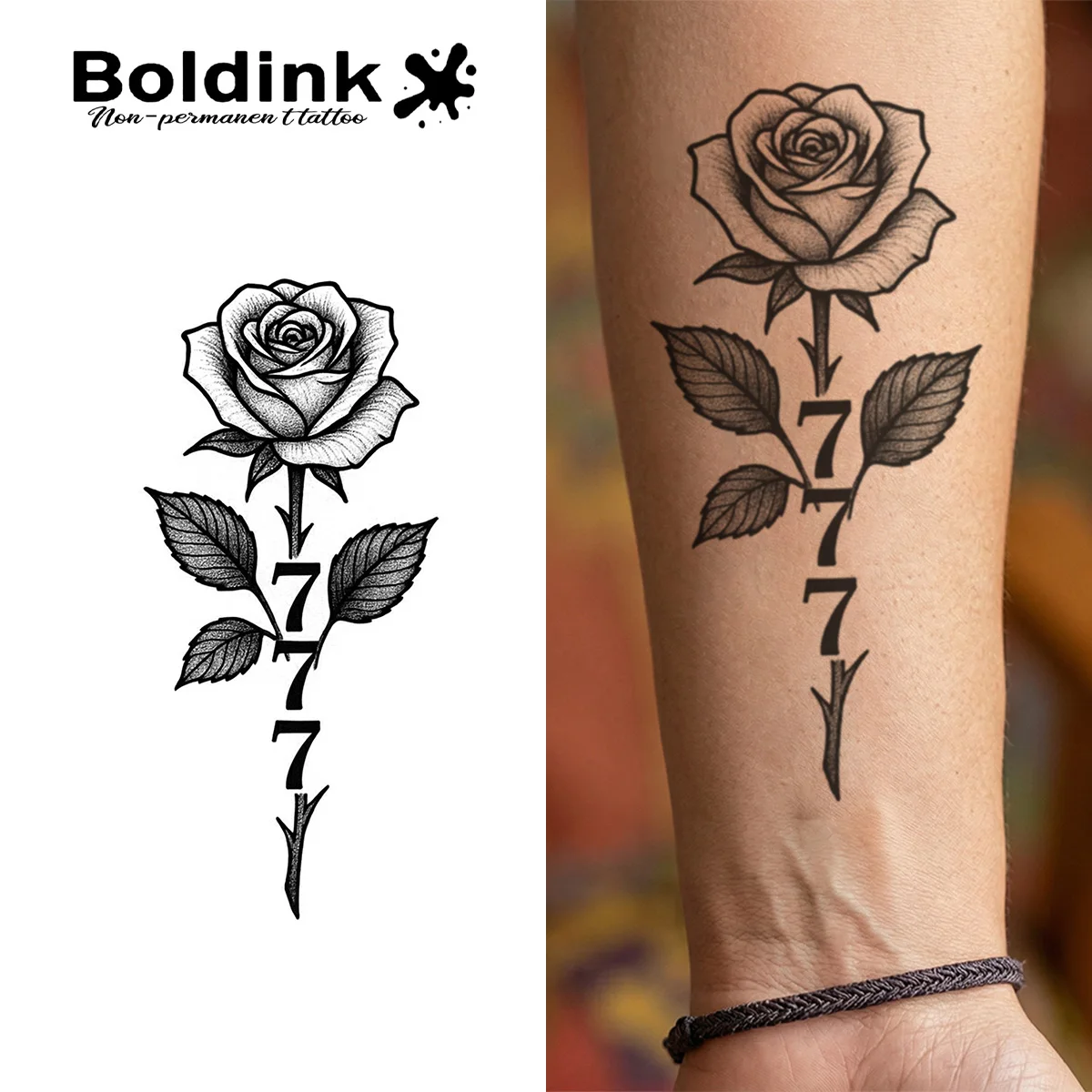 BOLDINK Rose 777 Moisturizing Tattoo Sticker Unisex Fashionable Easy Apply Waterproof Sweatproof Long Lasting 1-2 Week
BOLDINK Rose 777 Moisturizing Tattoo Sticker Unisex Fashionable Easy Apply Waterproof Sweatproof Long Lasting 1-2 Week