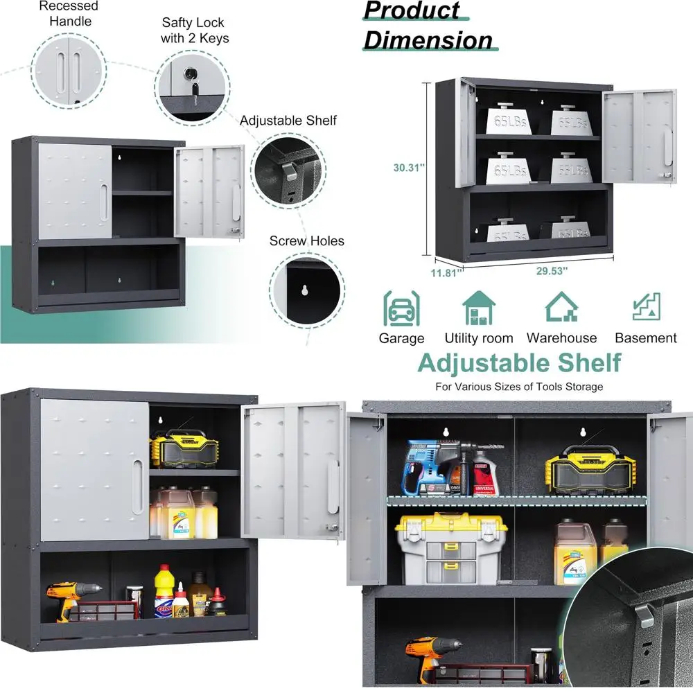 Настенный шкаф для гаража с регулируемыми полками и выдвижным ящиком
Настенный шкаф для гаража с регулируемыми полками и выдвижным ящиком