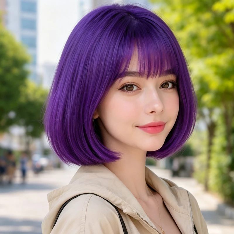 12-inch synthetic purple bob wig, with airy bangs and straight short hair, suitable for outdoor selfies and cosplay.
12-inch synthetic purple bob wig, with airy bangs and straight short hair, suitable for outdoor selfies and cosplay.