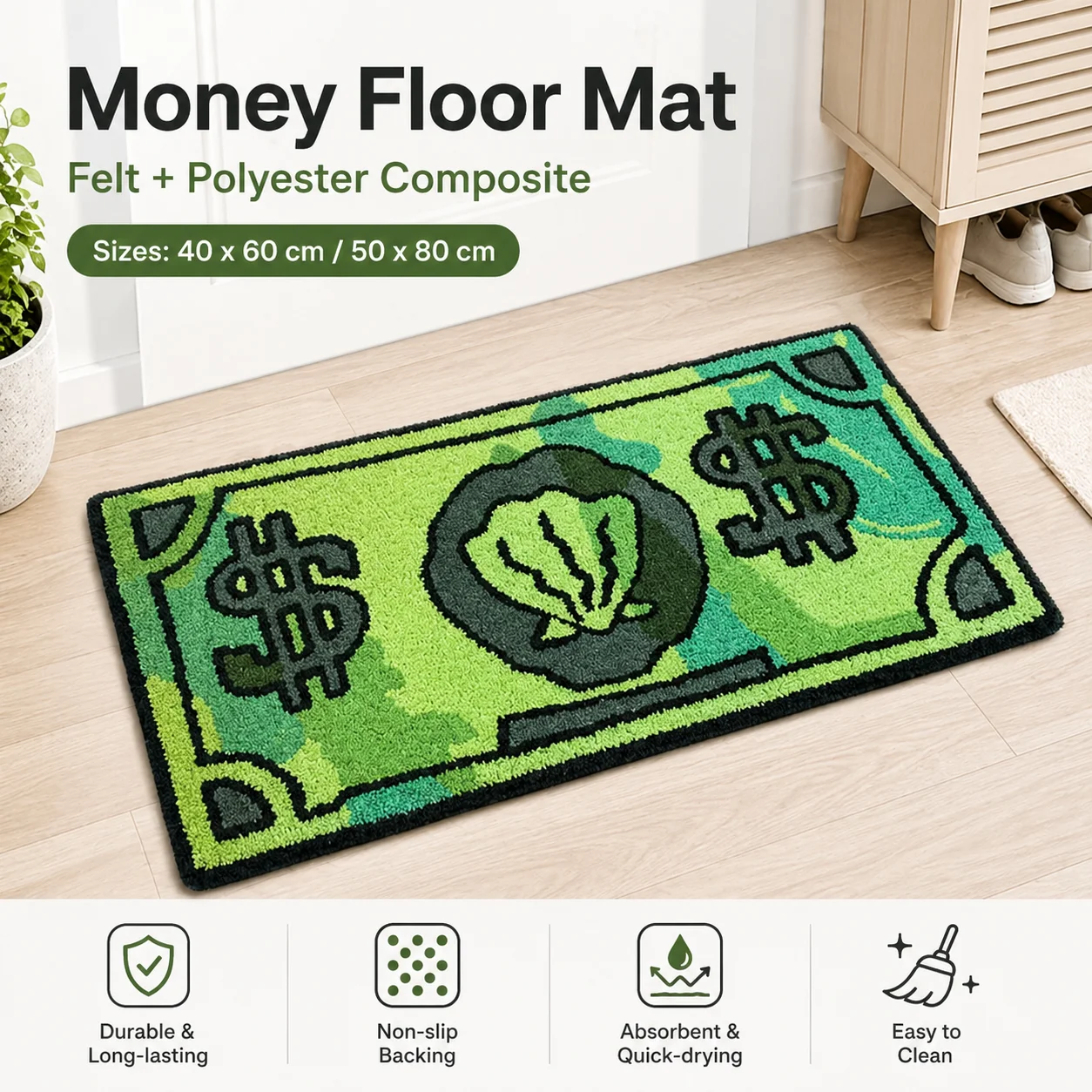 Funny Dollar Bill Money 2D Printed Floor Mat Flat Cotton Linen Anti-Slip Absorbent Rug For Entrance Living Room Home Decor
Funny Dollar Bill Money 2D Printed Floor Mat Flat Cotton Linen Anti-Slip Absorbent Rug For Entrance Living Room Home Decor