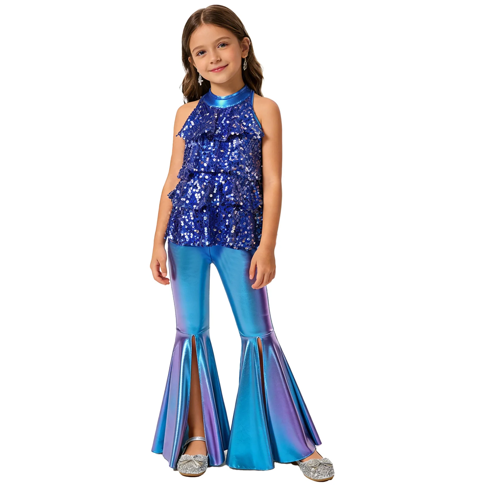 Kids Girls 70s Disco Jazz Dance Costume Halter Shiny Sequins Dress Leotard with Metallic Bell-Bottom Pants for Stage Performance
Kids Girls 70s Disco Jazz Dance Costume Halter Shiny Sequins Dress Leotard with Metallic Bell-Bottom Pants for Stage Performance
