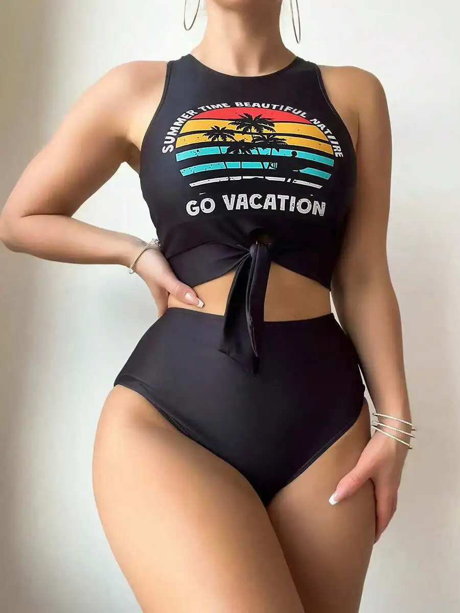 High Waisted Tie Front Palm Tree Print Slogan Swimsuit Set For Women
High Waisted Tie Front Palm Tree Print Slogan Swimsuit Set For Women