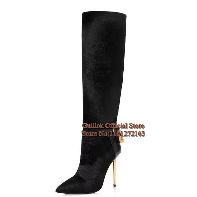 Modern Gold Lock Decor Knee High Boots Black Velvet Pointed Toe Side zipper Golden Heels Women Winter Tall Boots
Modern Gold Lock Decor Knee High Boots Black Velvet Pointed Toe Side zipper Golden Heels Women Winter Tall Boots
