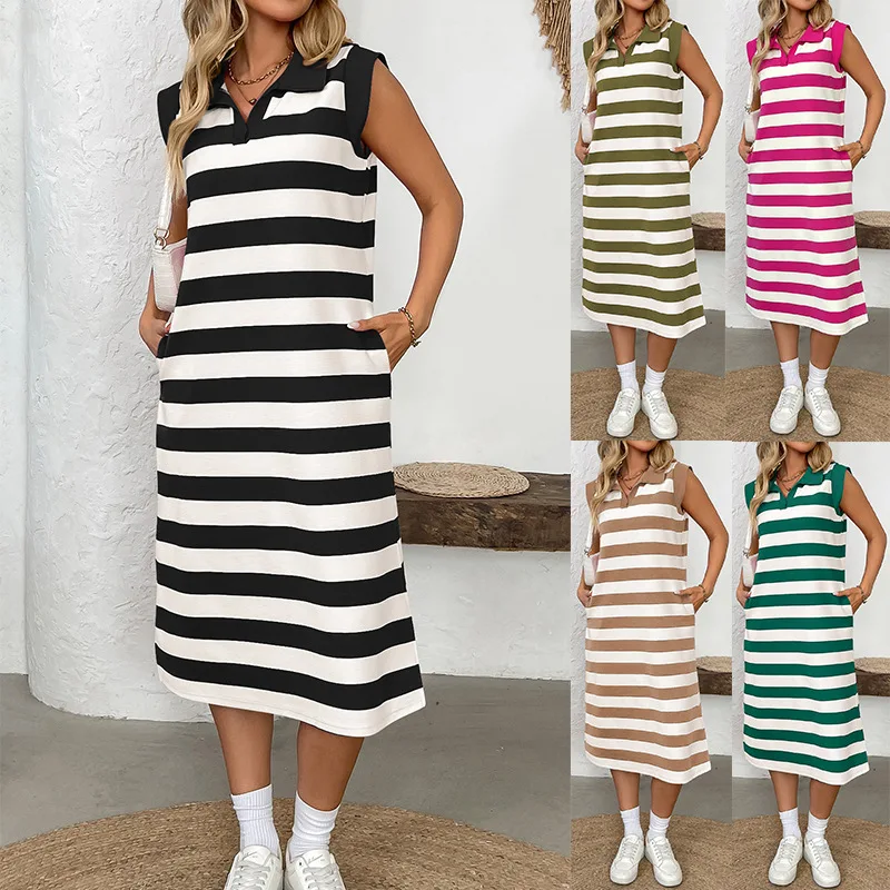 2026 Summer New Striped Pocket Sleeveless Long Dress with A Turn-down Collar
2026 Summer New Striped Pocket Sleeveless Long Dress with A Turn-down Collar