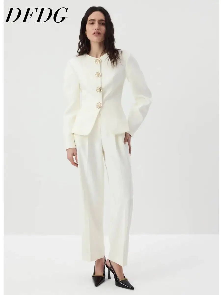 DFDG Women 2026 Spring Autumn Office Suit Round Neck Floral Button Fitted Waist Blazer Straight Ankle Pants Formal Two Piece Set
DFDG Women 2026 Spring Autumn Office Suit Round Neck Floral Button Fitted Waist Blazer Straight Ankle Pants Formal Two Piece Set