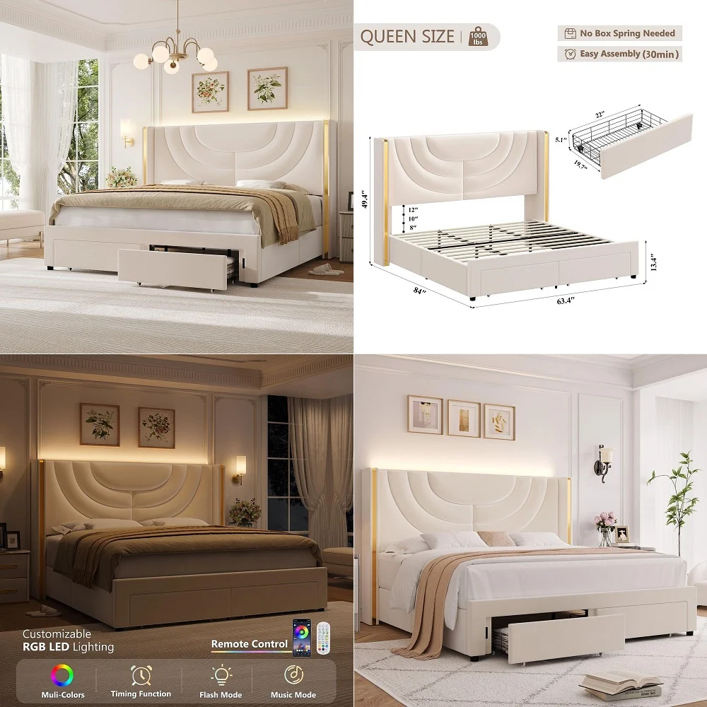 Queen Upholstered LED Bed Frame with 2 Storage Drawers, Velvet Platform Bed with Wingback Headboard, Solid Wooden Slats Support
Queen Upholstered LED Bed Frame with 2 Storage Drawers, Velvet Platform Bed with Wingback Headboard, Solid Wooden Slats Support