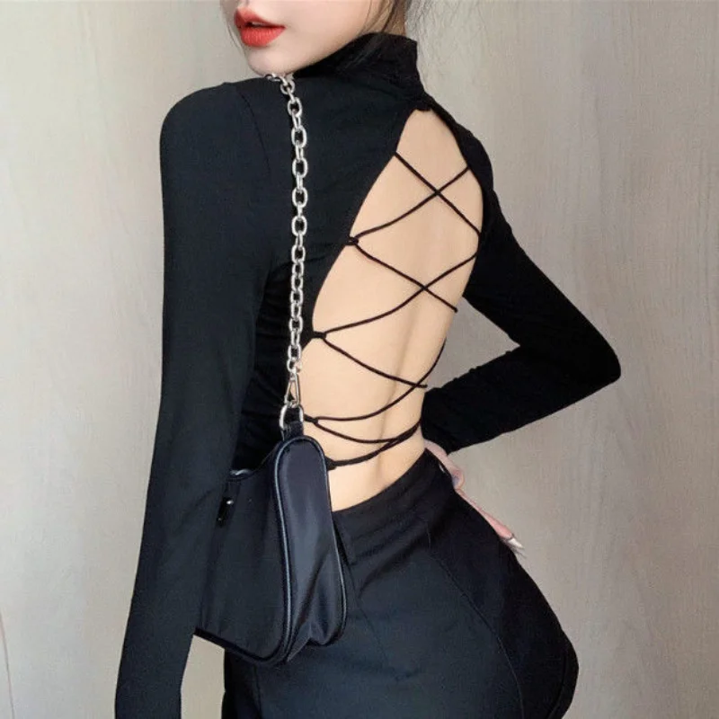 Sexy Slim Short Backless T Shirts Spring Summer New Long Sleeve Solid Color Hollow Out Tops Tees Trend Fashion Women Clothing
Sexy Slim Short Backless T Shirts Spring Summer New Long Sleeve Solid Color Hollow Out Tops Tees Trend Fashion Women Clothing