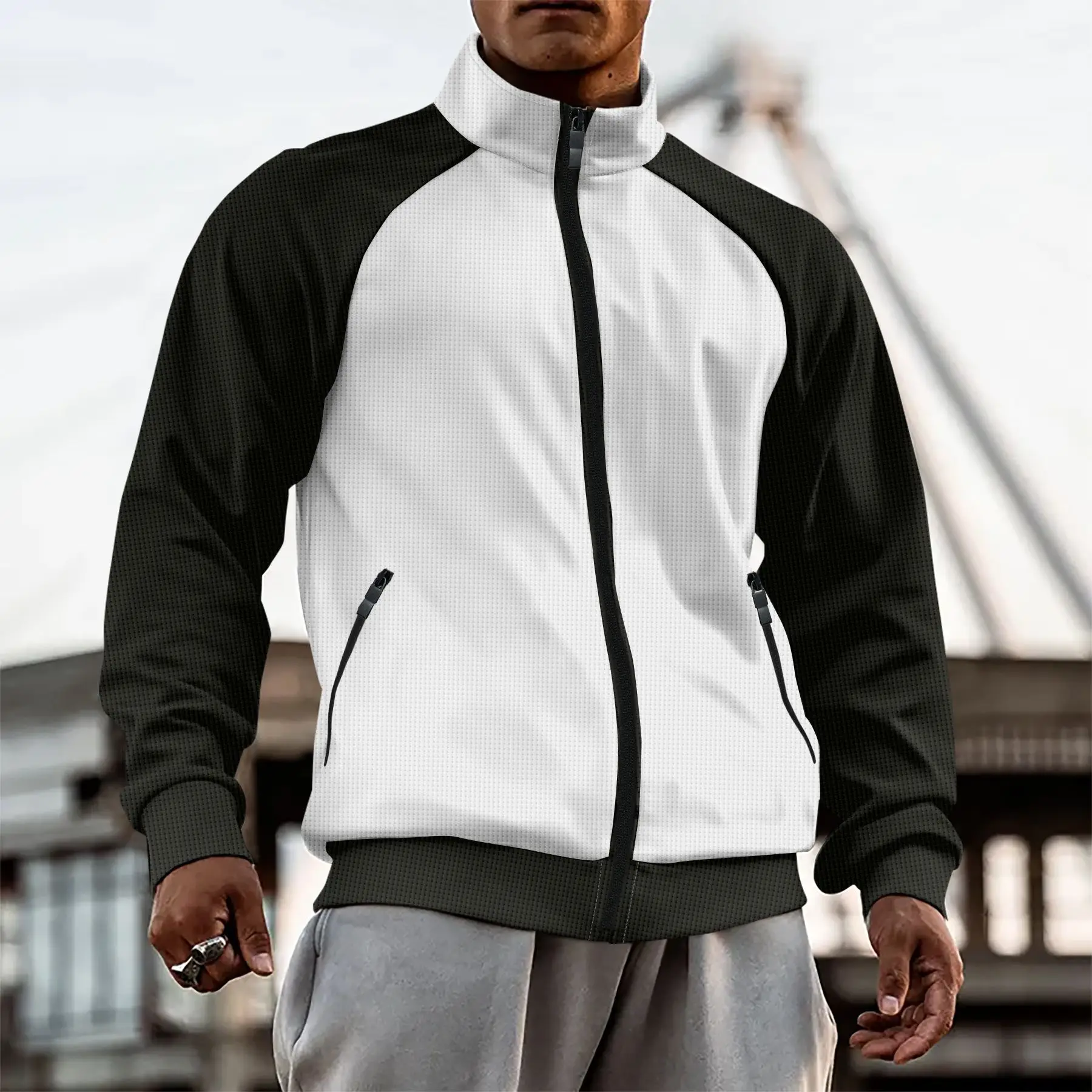 New spring and autumn men waffle color combination zipper long sleeve casual jacket with stand collar outside
New spring and autumn men waffle color combination zipper long sleeve casual jacket with stand collar outside