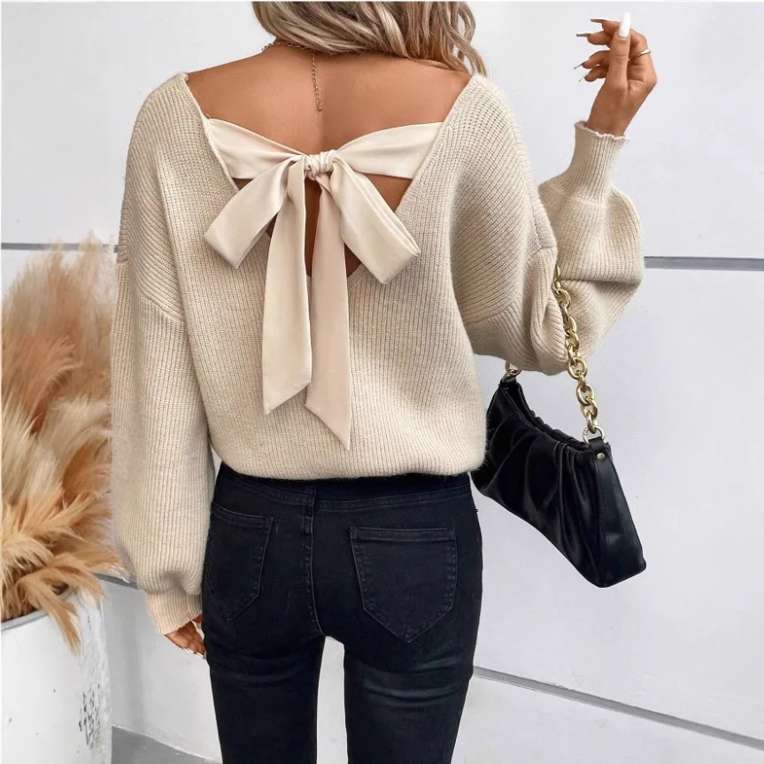 Women Bow Sweater Tie Back Long Sleeve Crew Neck Knitted Sweater Pullover Tops Chic Knit Top Loose Fit V Nek Jumper Fall Winter
Women Bow Sweater Tie Back Long Sleeve Crew Neck Knitted Sweater Pullover Tops Chic Knit Top Loose Fit V Nek Jumper Fall Winter