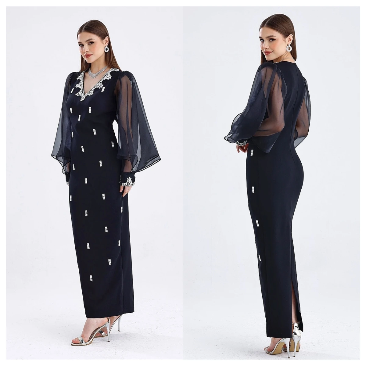 Customized Exquisite Black Jersey Evening Dress V-Neck Long Sleeves Celebrity Gowns Crystal Bespoke Occasion Gowns Tem
Customized Exquisite Black Jersey Evening Dress V-Neck Long Sleeves Celebrity Gowns Crystal Bespoke Occasion Gowns Tem
