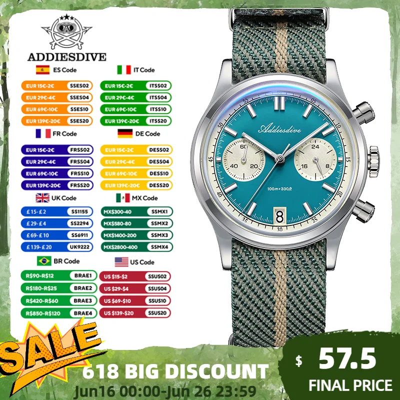 ADDIESDIVE Luxury Quartz Watch AD2095 VK64 Movement 316L Stainless Band BGW9 Luminous 100M Waterproof Anti-glare Bubble Glass
ADDIESDIVE Luxury Quartz Watch AD2095 VK64 Movement 316L Stainless Band BGW9 Luminous 100M Waterproof Anti-glare Bubble Glass