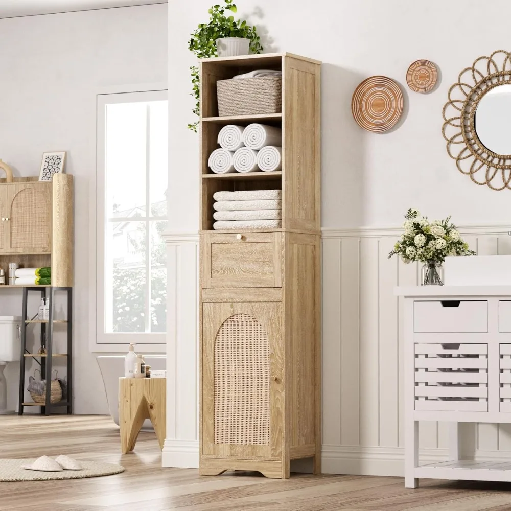 Natural Bathroom Storage Cabinet with Wicker Door and Sliding Storage Cabinet, High and Narrow Independent Tower Cabinet
Natural Bathroom Storage Cabinet with Wicker Door and Sliding Storage Cabinet, High and Narrow Independent Tower Cabinet