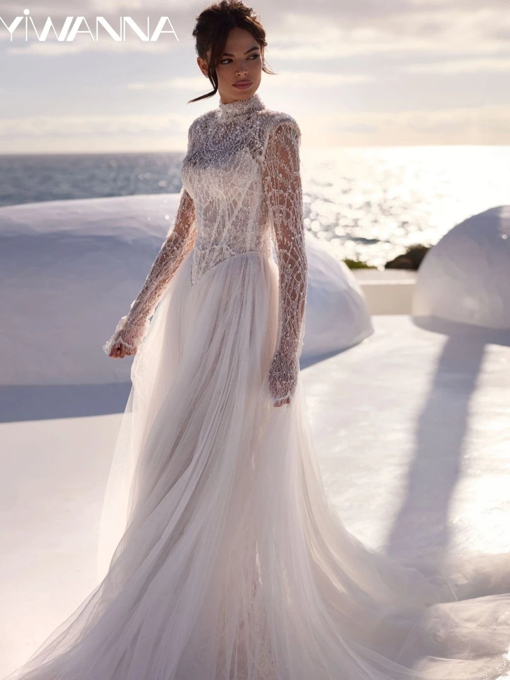 Dazzling Beaded Pearls A-line Lace Long Wedding Dress Modest High Collar Long Sleeve Bridal Gown Customized Dresses For Bride
Dazzling Beaded Pearls A-line Lace Long Wedding Dress Modest High Collar Long Sleeve Bridal Gown Customized Dresses For Bride