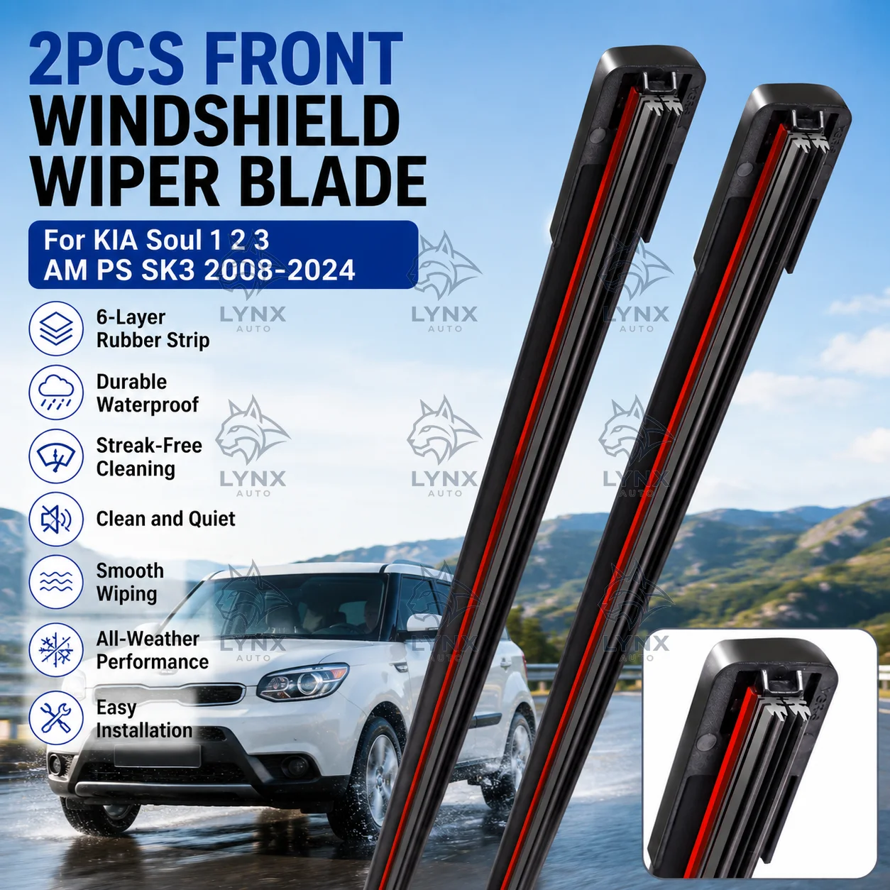 2Pcs Front Windshield Wiper Blade 6-Layer Rubber Strip Durable Replacement For KIA Soul 1 2 3 AM PS SK3 2008-2024
2Pcs Front Windshield Wiper Blade 6-Layer Rubber Strip Durable Replacement For KIA Soul 1 2 3 AM PS SK3 2008-2024
