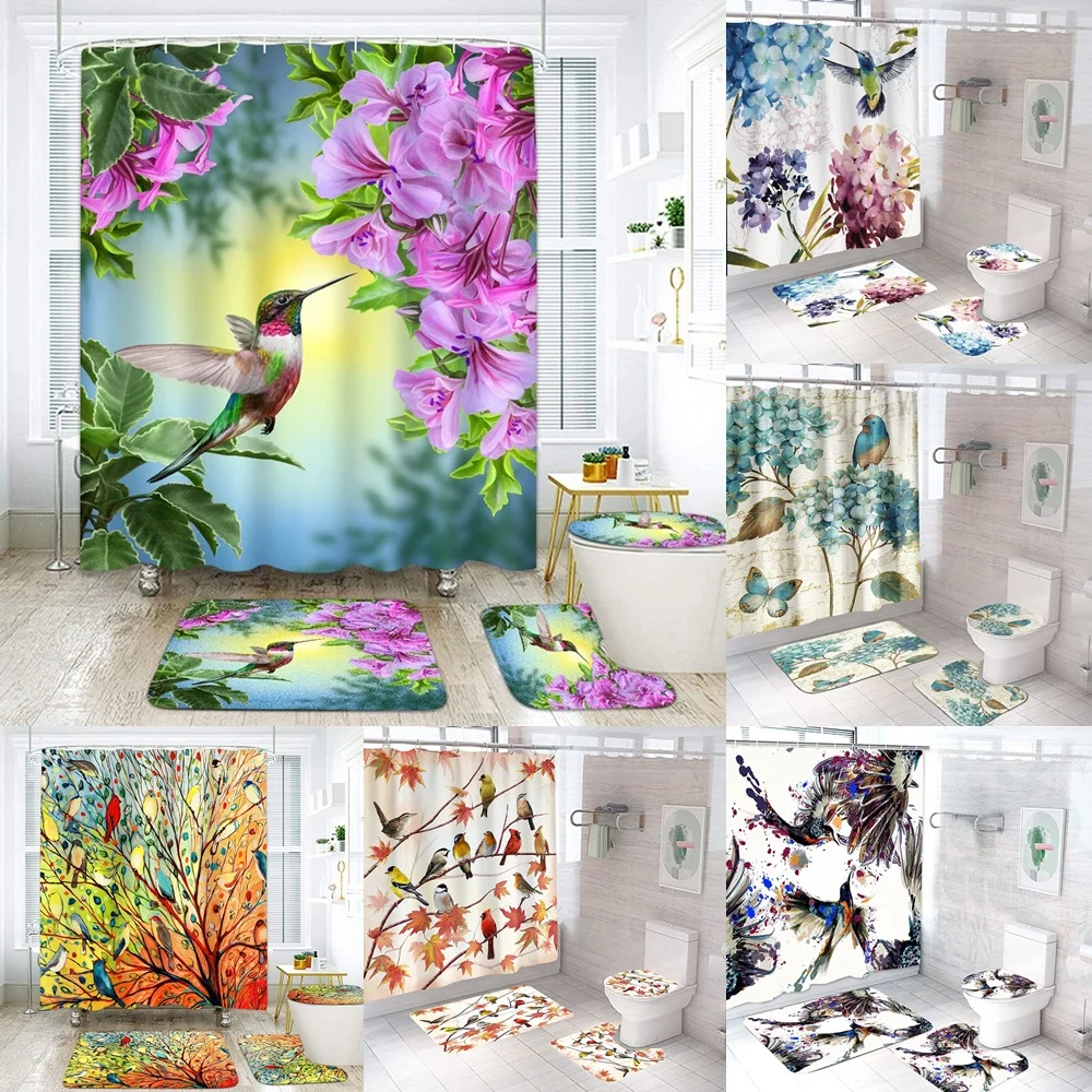 Purple Flowers Hummingbirds Spring Shower Curtain Sets Non-Slip Rug Toilet Cover Bath Mat Pastoral Bird Floral Bathroom Curtains
Purple Flowers Hummingbirds Spring Shower Curtain Sets Non-Slip Rug Toilet Cover Bath Mat Pastoral Bird Floral Bathroom Curtains